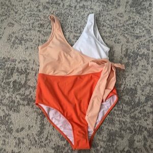 Plunged neck faux wrap one piece swimsuit